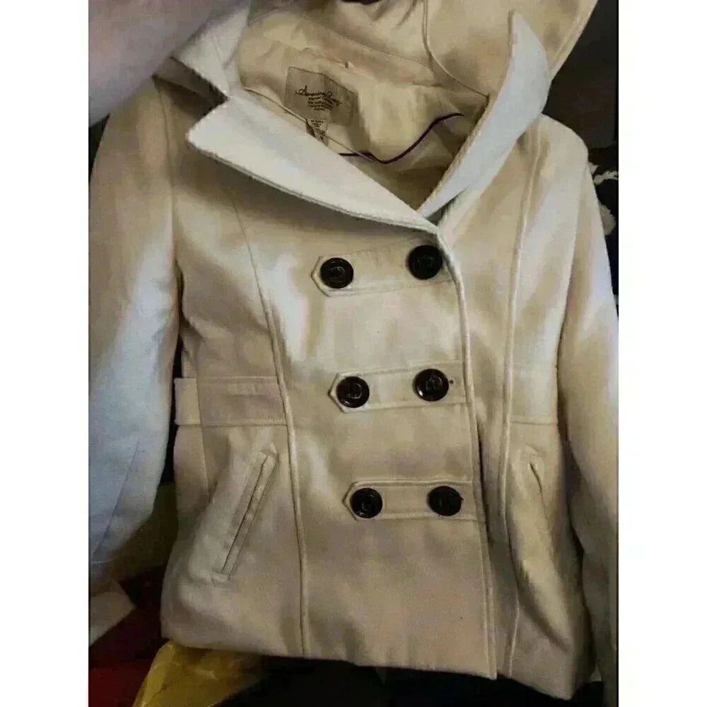 American Rag Cie Ivory Double Breasted Hooded Lined Womens Pea Coat SZ M CR4